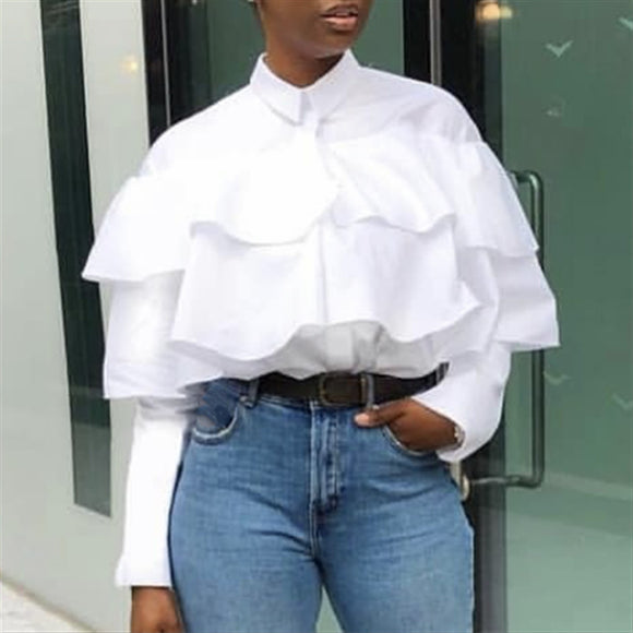 Ladies Turn Down Collar Ruffle Blouse