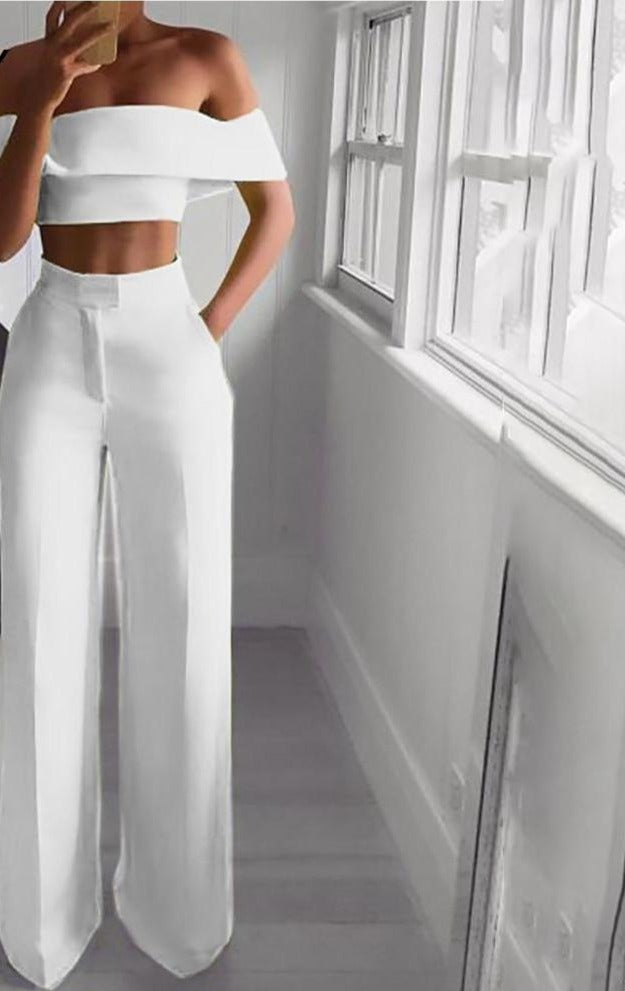 2 Piece Set Women Solid Off the Shoulder Crop Top and Pants