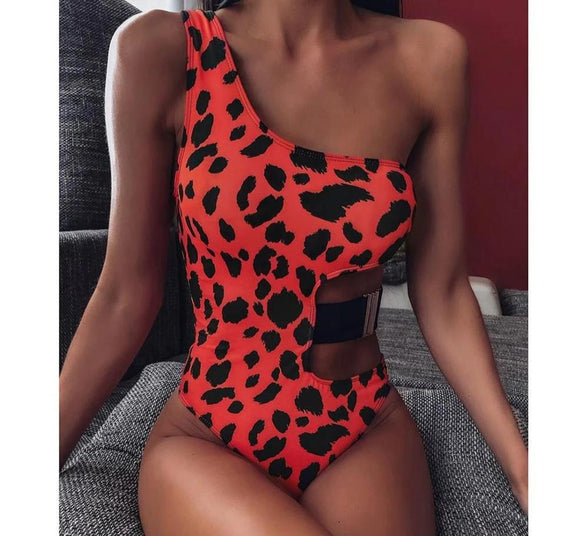 Sexy Leopard One Shoulder Swimsuit